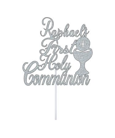Personalize Pro First Holy Communion Cake Topper with Ritual Cup Chalice Design | Personalise Any Name Eucharist Baby Baptism Christening Cake Pick | God Bless Cake Decorations | Silver
