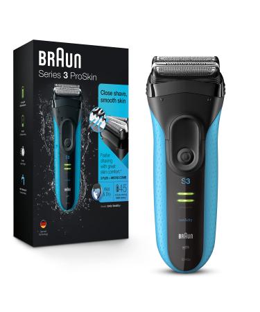 Braun Electric Series 3 Razor with Precision Trimmer, Rechargeable, Wet & Dry Foil Shaver for Men, Blue/Black, 4 Piece