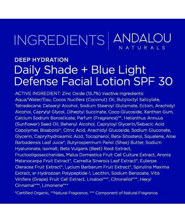 Andalou Naturals SPF 30 Face Sunscreen with Blue Light Defense | Hydrating Mineral Sun Block with Hyaluronic Acid & Zinc Oxide | 2.7 Fl Oz - Buy Online on SooperMarket.com