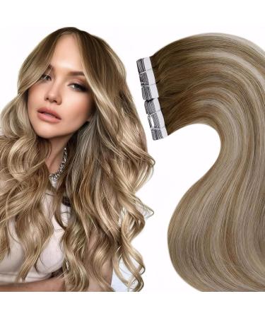 Laavoo tape real hair Extensions ombre brown extensions tape real hair remy human hair 60cm hair extension real hair tape light brown ombre platinum blond #8/60/8 50g 20pcs 60cm-20pcs 2.5 #8/60/8