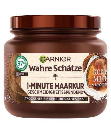True treasures nourishing 1-minute hair treatment for dry to very dry hair with coconut milk and macadamia oil for new shine and smoothness vegan formula 1 x 340 ml