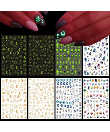 Alien Nail Art Stickers - 3D Planet Astronaut Earth Moon Star UFO Rocket Decals | Gold Luminous Self-Adhesive Designs for Women's DIY Manicures - Buy Online on SooperMarket.com
