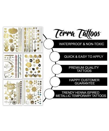 Terra Tattoos Tropical Hawaiian Metallic Temporary Tattoos - 75 Gold Silver Designs with Turtles, Dolphins, Stars, Sun, Moon, and more! - Buy Online on SooperMarket.com