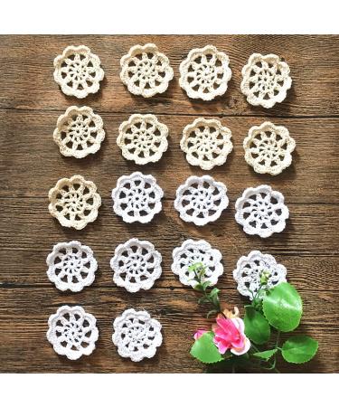 MINDPLUS 2 Inch Small Doilies for Crafts Crocheted Lace Cotton Flowers Embellishments Mini Hand Made Crochet Lace Doilies Appliques Patches,Set of 18 (White+Beige, 2")