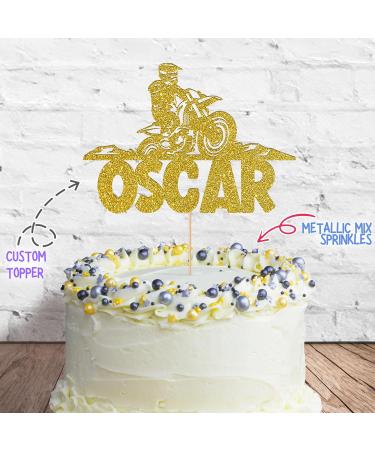 Cakeshop Cake Decoration Pack | Motorcross Dirtbike Theme Premium Double Sided Glitter Card Cake Topper & 25g Party Pack of Cake Sugar Sprinkles | Custom Name Cake Decorations (Gold) Prime Glitter Card: Gold - Buy Online on SooperMarket.com