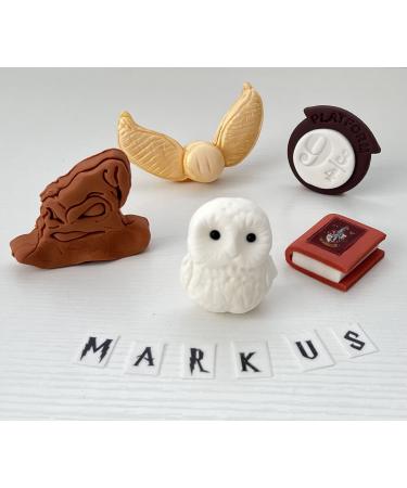 Harry Potter Personalised Cake Toppers Set - Kids Birthday Fondant Icing Wizard Decoration Supplies - Hedwig Owl Snitch Notebook Hat Platform Badge - Comes with an Edible Glue & Extra Gift - 5 Pcs