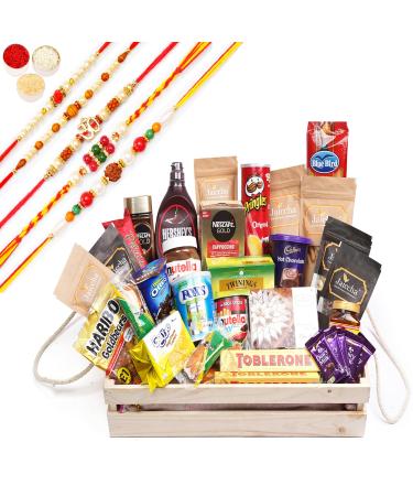 Jaiccha Ghasitaram Rakhi Gifts for Brothers - Jumbo Wooden Basket Hamper of 40 Goodies with 5 Rakhis