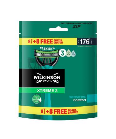 Wilkinson Sword Xtreme 3 sensitive disposable razors with slide strips made of vitamin E and aloe vera ideal for the care and smoothness of the face 16 pieces (1 Pack) green