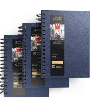Arteza Watercolor Sketchbook 5.5x8.5-inch 3-Pack Blue Hardcover Journal, 96 Sheets, 140lb/300gsm, Spiral Bound Watercolor Paper Pad for Gouache, Acrylics, Pencils - 5.5x8.5 inch - Buy Online on SooperMarket.com