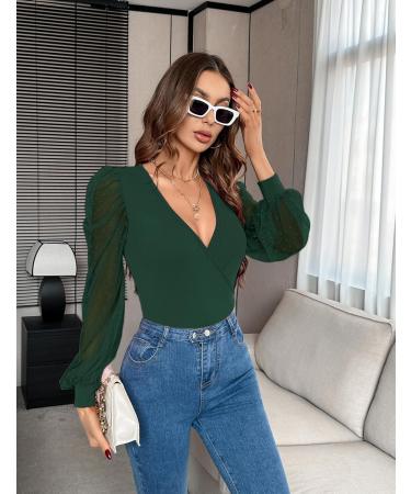 Fayenne Womens Tops Deep V Neck Cross Wrap Sexy Tops Polka Dot Mesh Long Sleeve T Shirt Casual Blouses XL Dark Green - Buy Online on SooperMarket.com