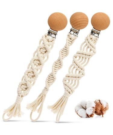 COZYPANDA Macrame Pacifier Clip 3 Pack Boho Handmade Pacifier Holder Unisex Cotton Baby Pacifier Clips Fixed Pacifiers Teethers & Small Toys Wooden Pacifier Holder Clip for Boy/Girl Pattern D