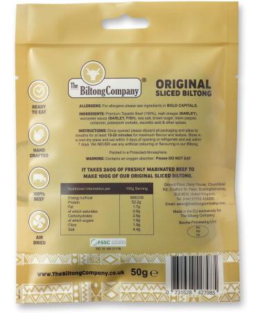 Original Sliced Biltong 1 x 50g (50g) Natural Beef Biltong by The Biltong Company High in Protein & Keto Diet-Approved Lean Biltong Spiced Meat Snack Like Jerky - Buy Online on SooperMarket.com
