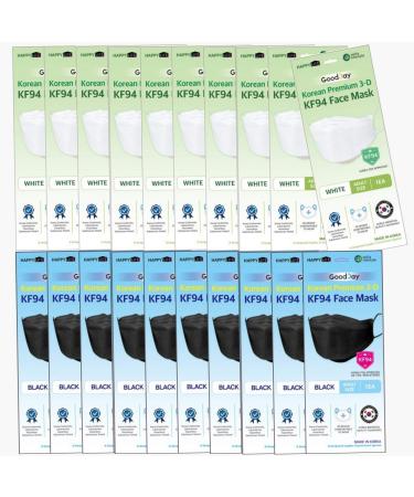 (Pack of 20) (10PCS BLACK 10PCS WHITE Combo set) Good day Premium 3D Disposable BLACK AND WHITE KF94 Face Mask Protective Covering Dust Mask Individual Packs Made in Korea.