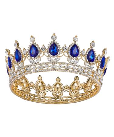 SWEETV Crystal Queen Crown for Women  Rhinestone Wedding Tiara Headband  Full Round Princess Crown Hair Accessories for Prom Birthday Costume Party  Royal Blue+Gold