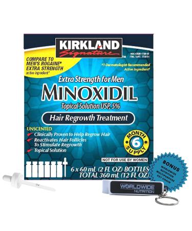 6 Months Kirkland Minoxidil 5% Extra Strength - Hair Regrowth Treatment for Men - 2 Fl Oz (Pack of 6) - with Worldwide Nutrition Bonus Key Chain