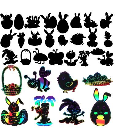 Zonon 72 Pieces Easter Scratch Crafts Art Kit with 24 Designs Art Rainbow Scratch Paper Ornaments Hang Tags Favor Tags Treats Tags with Ribbons Scratching Tools for Easter Present Decoration