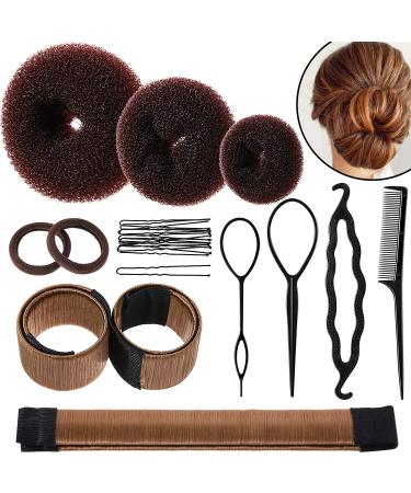 Hair Bun Shaper Set, include 3 Pieces Hair Bun Donut, 2 Pieces Bun Marker, 4 Pieces Ponytail Hair Tool, 10 Pieces Bobby Pins and 2 Pieces Elastic Bands for Women Kids Hair Bun Maker Kit Brown