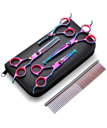 Gimars Professional 4CR-Edelstahl-6-in-1 care scissors for dogs with a round security tip robust titanium-coated veterinary scissors for dogs cats and other animals colorful