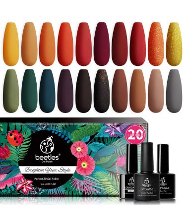 Beetles 20 Pcs Gel Nail Polish Kit-Cozy Campfire Collection Fall Winter Orange Yellow Green Gel Nail Polish Set Soak Off Nail Lamp Base Top Coat Gel Nail Kit Halloween Nails Manicure Gifts for Women A-Cozy Campfire