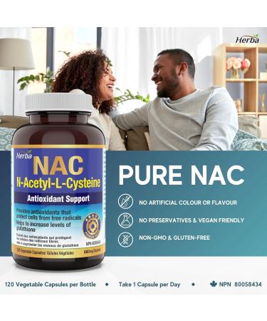 Herba NAC Supplement 600mg 120 Vegetable Capsules | N-Acetyl-L-Cysteine | NAC Supplement 600 mg for Antioxidant | Premium & Pure | Made in Canada | 120 Capsules - Buy Online on SooperMarket.com