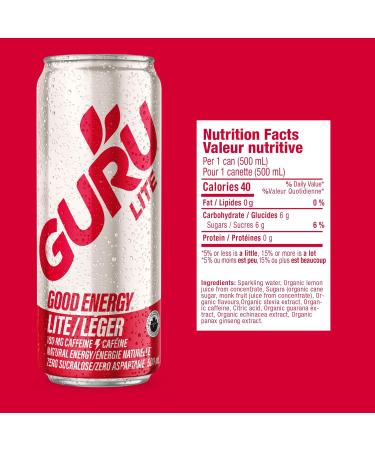 GURU Lite Organic Energy Drinks Clean Energy Drink with Plant Based Natural Caffeine from Green Tea Low Calorie Gluten Free and Vegan Healthy Drinks 500mL (Pack of 12) Lite 500 ml (Pack of 12) - Buy Online on SooperMarket.com