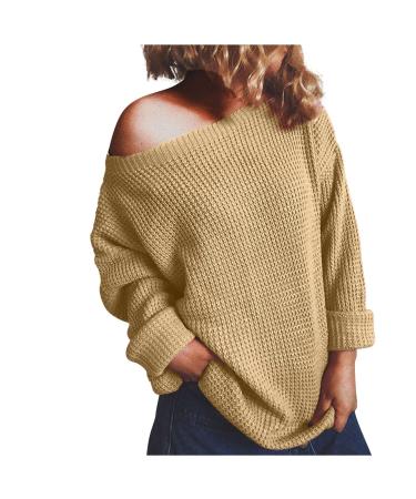 CreoQIJI Sweater Wool Women Long Sleeve Casual Solid Color Knitted Holiday Winter Loose Sweaters Pullover Eyelet Set Khaki M