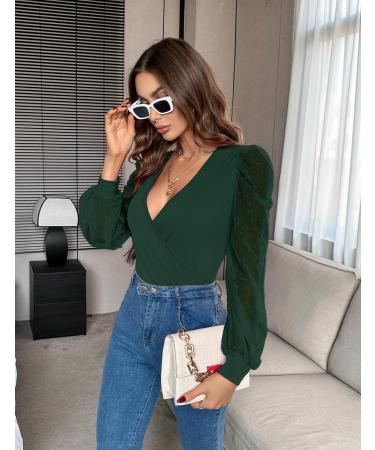 Fayenne Womens Tops Deep V Neck Cross Wrap Sexy Tops Polka Dot Mesh Long Sleeve T Shirt Casual Blouses L Dark Green - Buy Online on SooperMarket.com