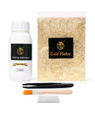 110ml Gilding Adhesive, 5g Gold Flakes Kit with The Gold Metal Leaf Adhesive, Epoxy Resin Water Based Glue for Gold Leafing Canvas,Gold Leaf Furniture.DIY(1 Gilding Brush+1 Gloves)