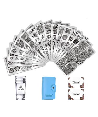 Biutee Nail Stamper Kit 15pcs Stamping Template+1pcs Nail Stamp+2pcs Scraper+1pcs Plate Bag