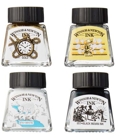 Winsor & Newton Collection Drawing Ink Set, Set of 4, Black, White, Metallic Tones
