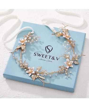 SWEETV Gold Flower-Leaf Bridal Headband | Wedding Hair Accessories for Brides - Buy Online on SooperMarket.com