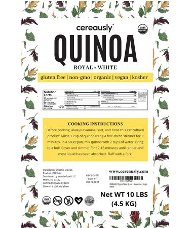 CEREAUSLY Organic White Quinoa Bulk - 10 Lb | Bolivian Royal Quinoa for Restaurants & Wholesale | NON-GMO, Kosher, Gluten-Free, Vegan - Buy Online on SooperMarket.com