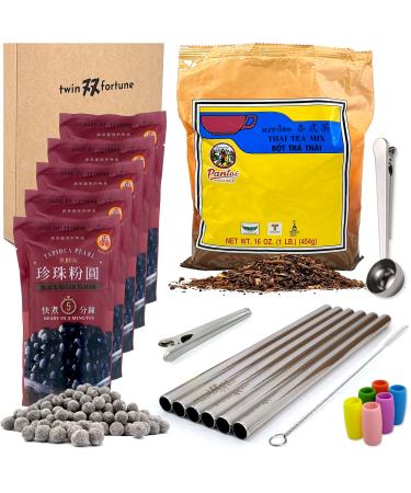 Thai Tea Boba Kit TF21 - Traditional Pantai Loose Leaf Tea, WuFuYuan Bubble Tea Tapioca Pearls, 6 TwinFortune Stainless Steel Boba Straws 6 Tips 1 Brush 1 Bag Clip 1 Tea Scooper Tool, Makes 30+ Drinks