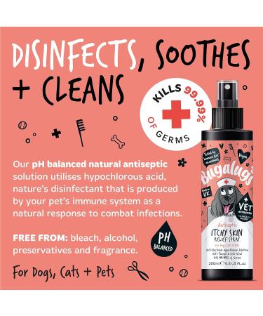 BUGALUGS itchy dog skin relief Antiseptic spray for dogs puppy cats & pets - Dog grooming Antibacterial Antifungal for dog itchy skin relief- use with our dog shampoo sensitive skin 200ml Spray - Buy Online on SooperMarket.com
