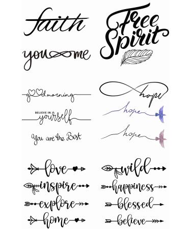 17 Designs Temporary Tattoos Boho Arrows Watercolor Bird Feather Inspirational Word Calligraphy Phrase Quote Hand Temporary Tattoo Neck Arm Chest for Women Men Adults