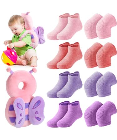 Baby Protection Set Including Toddler Baby Head Protection Cushion Backpack Wear, 4 Pairs Baby Crawling Anti Slip Knee Pads Safety Pad 4 Pairs Baby Socks for Baby Walking and Crawling, Butterfly Style