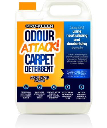 Pro-Kleen Odour Attack Pet Carpet Cleaner Shampoo Citrus 5L Contains Active Enzymes to Digest Urine Proteins Faeces Vomit Stains Neutralises Deodorises Suitable for All Carpet 5 l (Pack of 1)