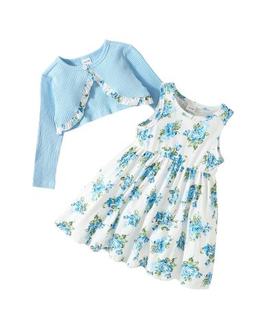 puseky Toddler Girl Dress and Cardigan 2 Piece Girl Floral Print Sleeveless Dress and Ribbed Cardigan Coat Set 18-24 Months Blue
