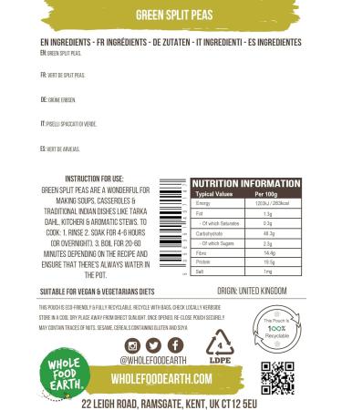 Wholefood Earth Green Split Peas 500 g | GMO Free | Natural | High Fibre | High Protein 500g - Buy Online on SooperMarket.com