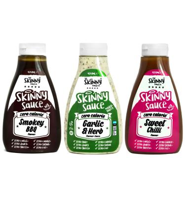 The Skinny Food Co Sweet Chilli Garlic and Herb Smokey BBQ Set of 3 Condiment Sauces Sugar Free Zero Calories 425ml