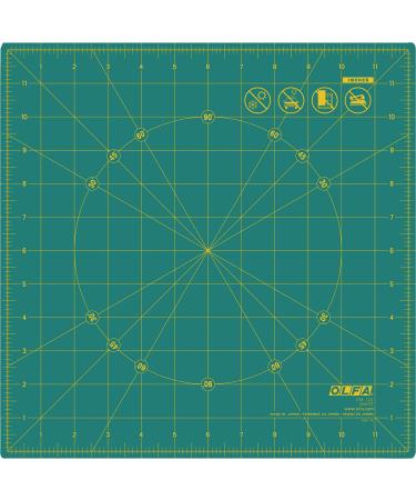 OLFA 12" x 12" Rotating Cutting Mat (RM-12S) - Self Healing 12x12 Inch Square Rotary Mat with Grid for Fabric, Sewing, Quilting, & Crafts, Rotates 360 Degrees, Use with Rotary Cutters (Green) 12 Inches 12 Inches