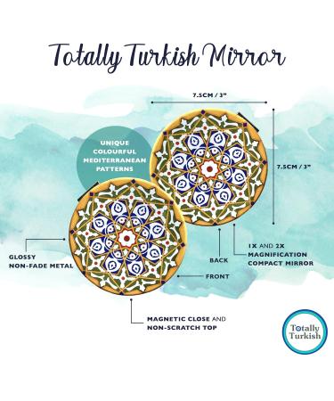 Turkish Metal Compact Mirror - Small Round Mirror with Magnetic Close, 1x & 2x Magnification for Handbags - Bright & Funky Geometric Pattern - Ideal for Travel and Commutes - Buy Online on SooperMarket.com