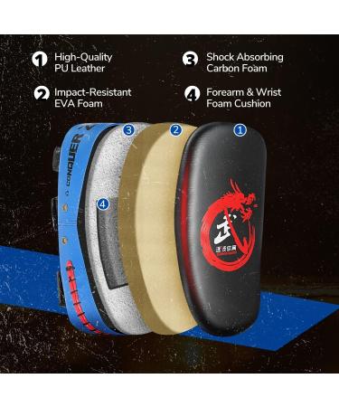 Flexzion Blue Curved Muay Thai Kick Pad for MMA, Karate, Taekwondo - Adjustable Forearm Strap - Buy Online on SooperMarket.com