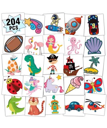 Partywind Kids Temporary Tattoos  204 PCS Fake Tattoo Stickers for Kids Party Supplies Favors Decorations  Surprise Birthday Gifts Goodie Bag Stuffers (Individually Wrapped)