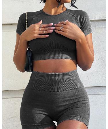 OLCHEE Womens Workout Set 2 Piece - Seamless Acid Wash Yoga Outfits Crop Top & Shorts Matching Gym Athletic Clothing Set - Black Medium - Buy Online on SooperMarket.com