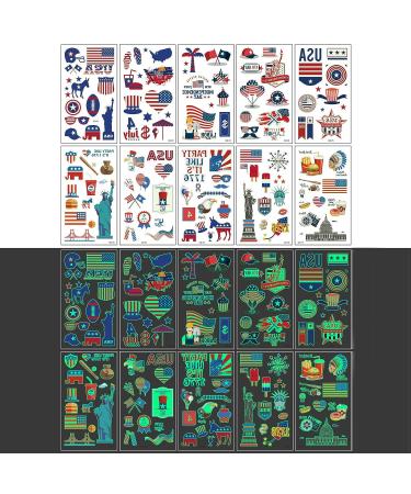 4th of July Glow in the Dark Temporary Tattoos - American Flag Patriotic Stickers for Independence Day Decorations - 10 Sheets - Buy Online on SooperMarket.com