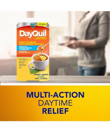 DayQuil Hot Remedy Cold Flu & Congestion Medicine Daytime Non-Drowsy Relief for Fever & Headache Sore Throat Pain Nasal Congestion Cough Multi-Action Honey Lemon Flavoured 8 Powder Packets - Buy Online on SooperMarket.com