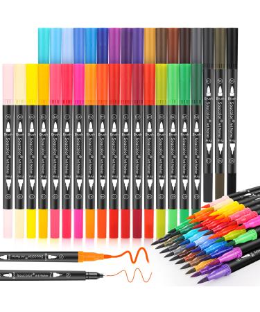 Soucolor Art Brush Markers Pens for Adult Coloring Books  34 Colors Numbered Dual Tip (Brush and Fine Point) Art Marker Pen for Kids Note taking Planner Hand Lettering Calligraphy Drawing Journaling Black