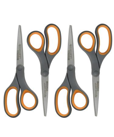 Westcott Titanium Bonded Scissors, Soft Handle, 8", Straight, Gray/Yellow, 4-Pack