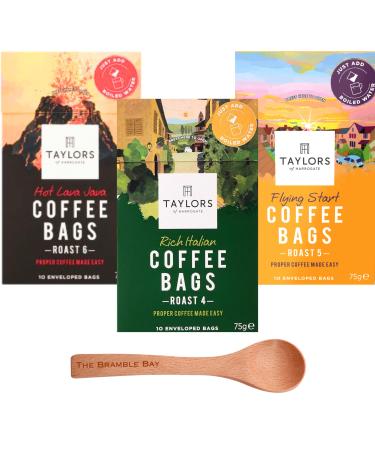 Taylors Coffee Bags bundle contains Hot Lava Java Rich Italian Flying Start 10 Bags each Pack of 3 x 75g Wooden Spoon